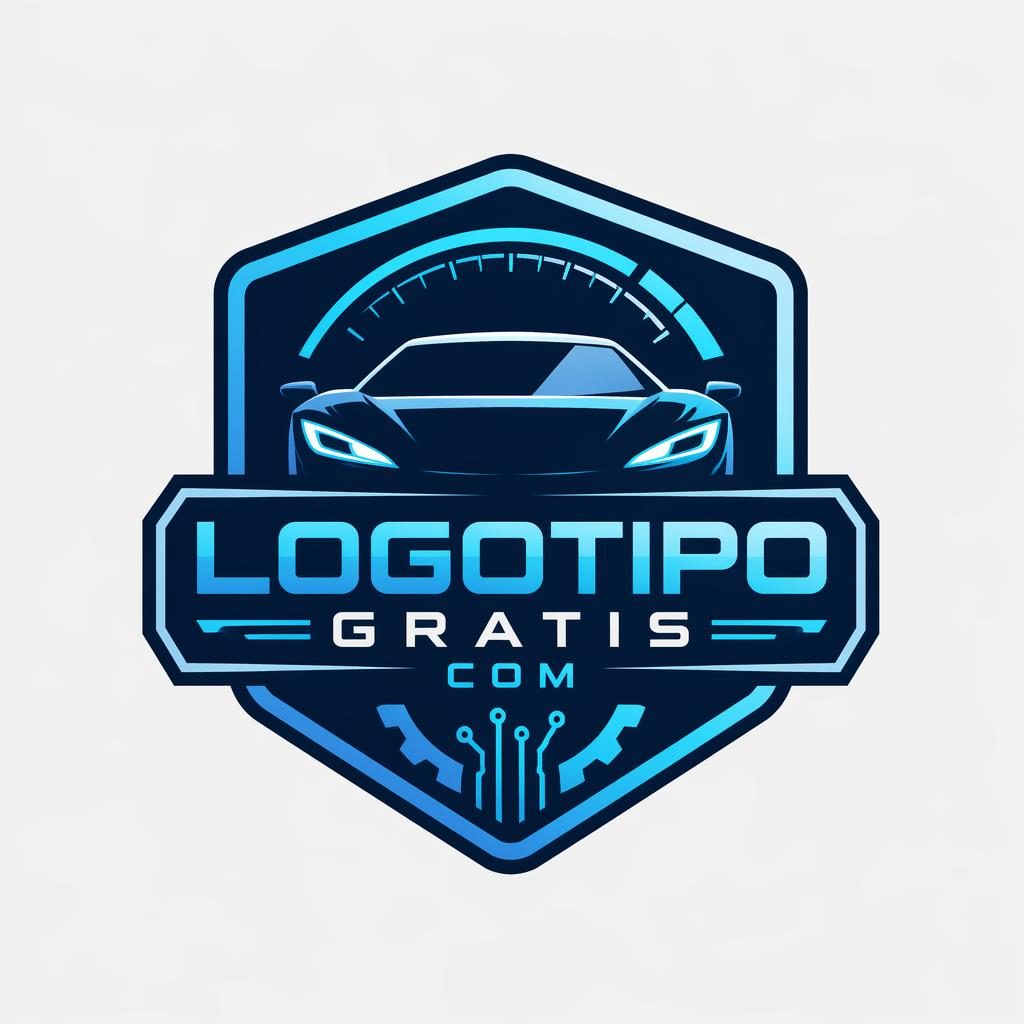 Emblema automotriz futurista en azul y cian con tipografía tecnológica de logotipo gratis com sobre fondo neutro