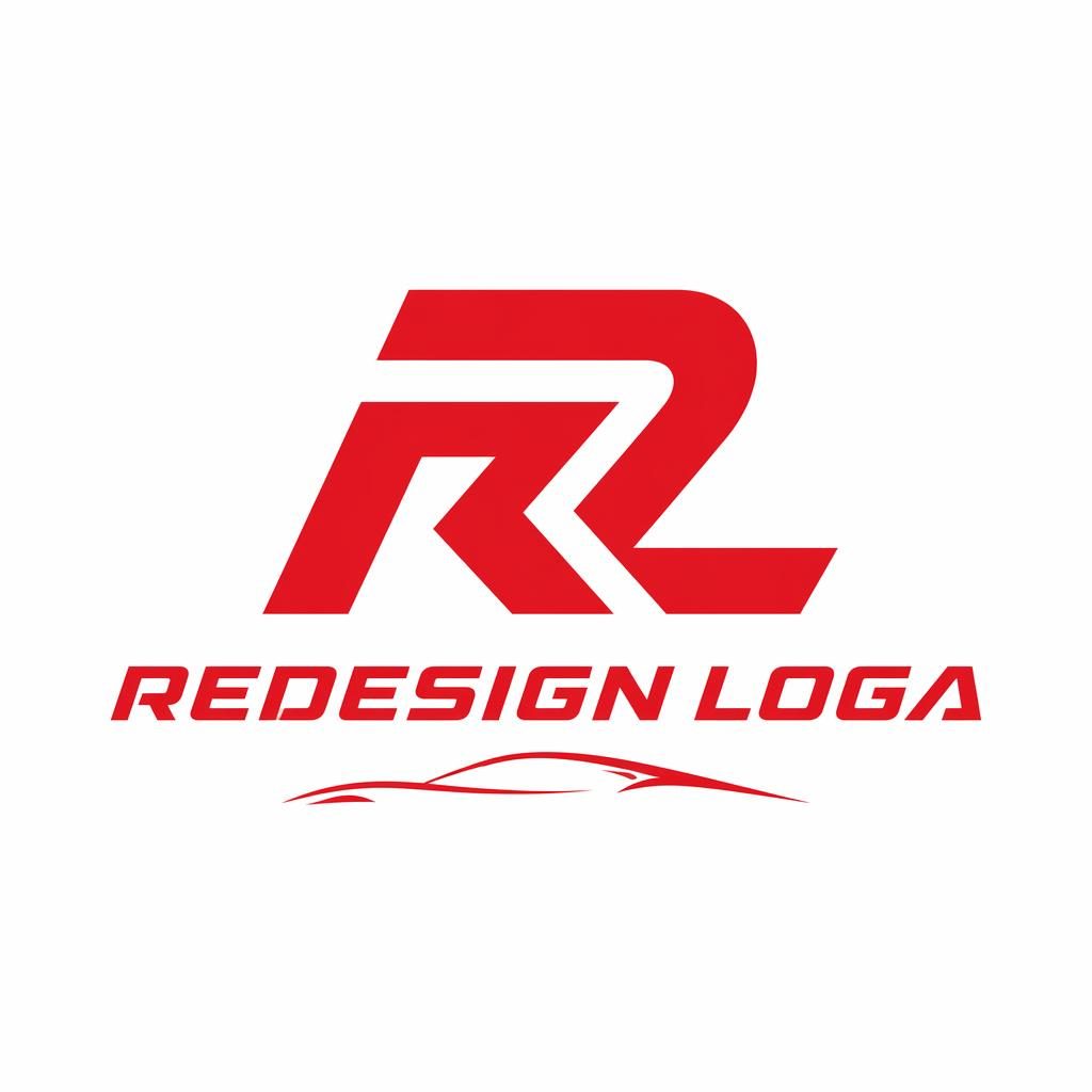 Geometrický monogram loga v červené a bílé, čistá kompozice na neutrálním pozadí, automotive styl.
