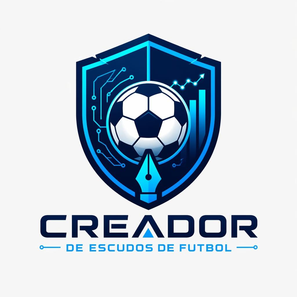 Logo emblema futurista en azul y cian para creador de escudos de futbol, centrado sobre fondo neutro