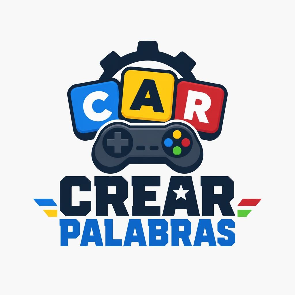 Logo cuadrado con wordmark e ícono industrial, colores primarios y fondo neutro, estilo gaming vectorial limpio.