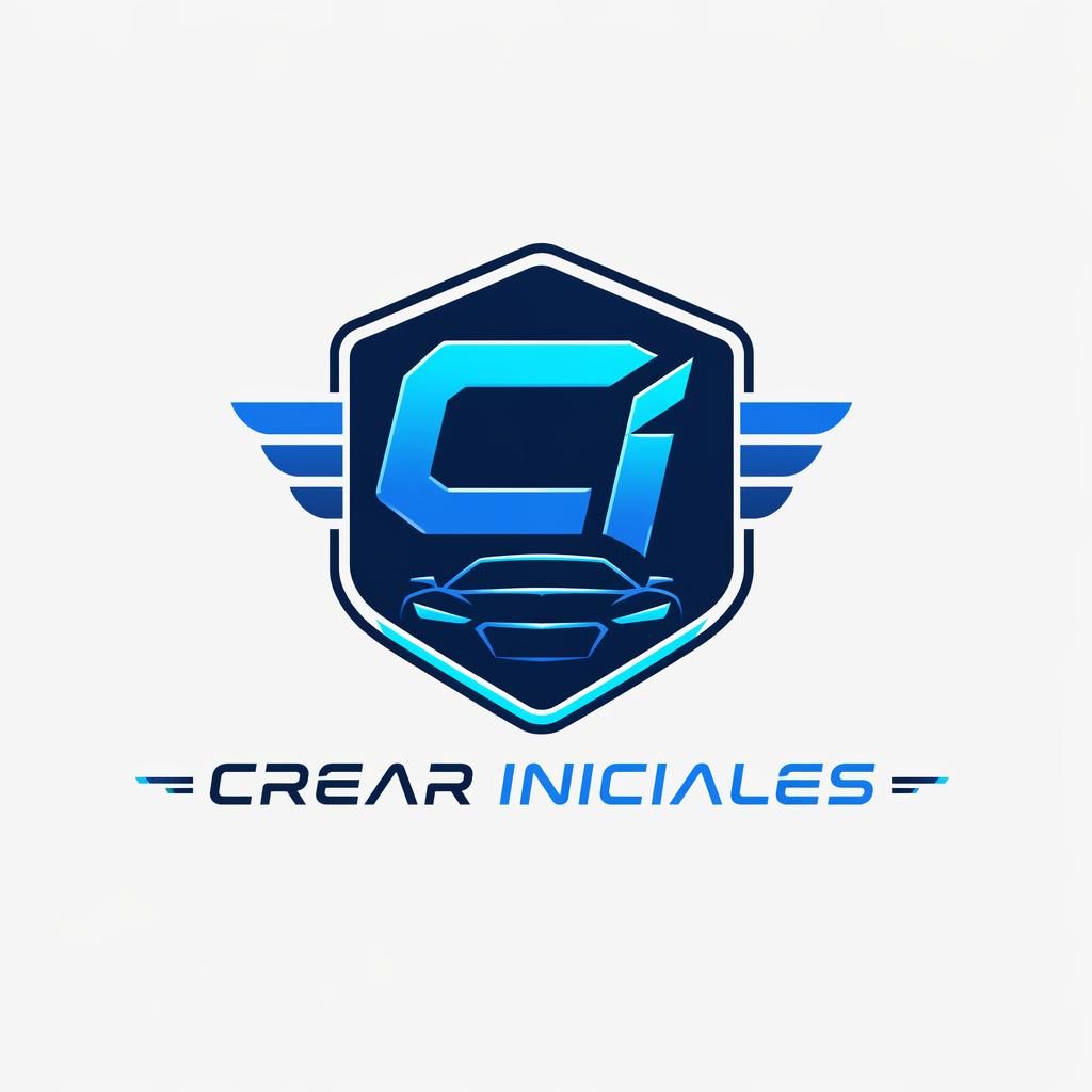 Emblema automotriz futurista en azul y cian con iniciales y nombre de marca, centrado sobre fondo neutro