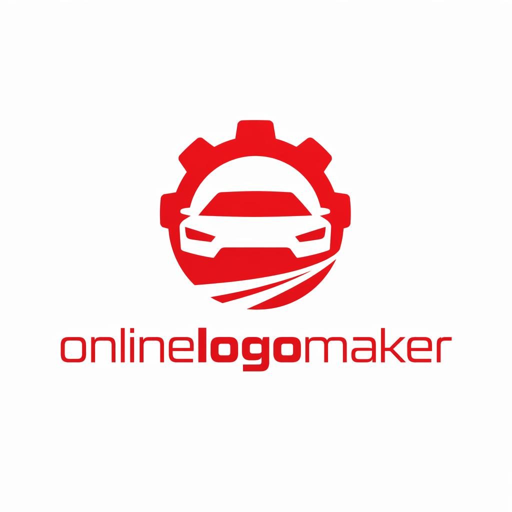 Geometric automotive wordmark logo with icon for onlinelogomaker in bold red and white on a neutral background.