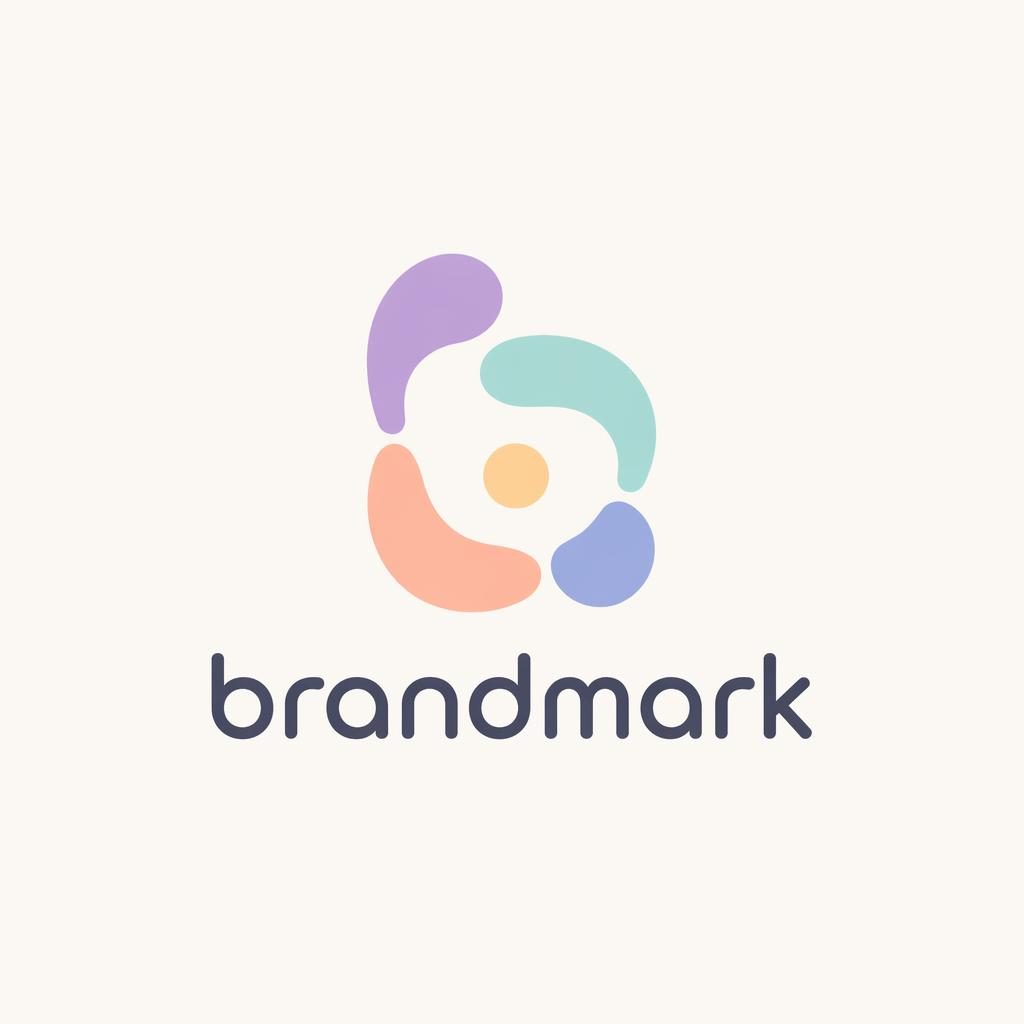 Centered abstract symbol logo with matching brand name text in soft pastel tones on a neutral square background.