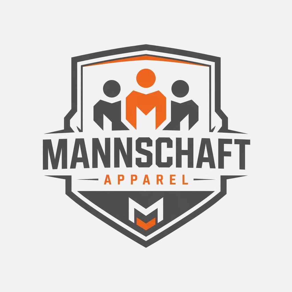 Modernes minimalistisches Emblem-Logo in Grau und Orange mit zentrierter Typografie auf neutralem Hintergrund