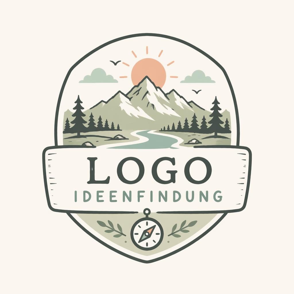 Handgezeichnetes Outdoor-Emblem in sanften Pastelltönen, zentriert auf neutralem Hintergrund mit passender Typografie
