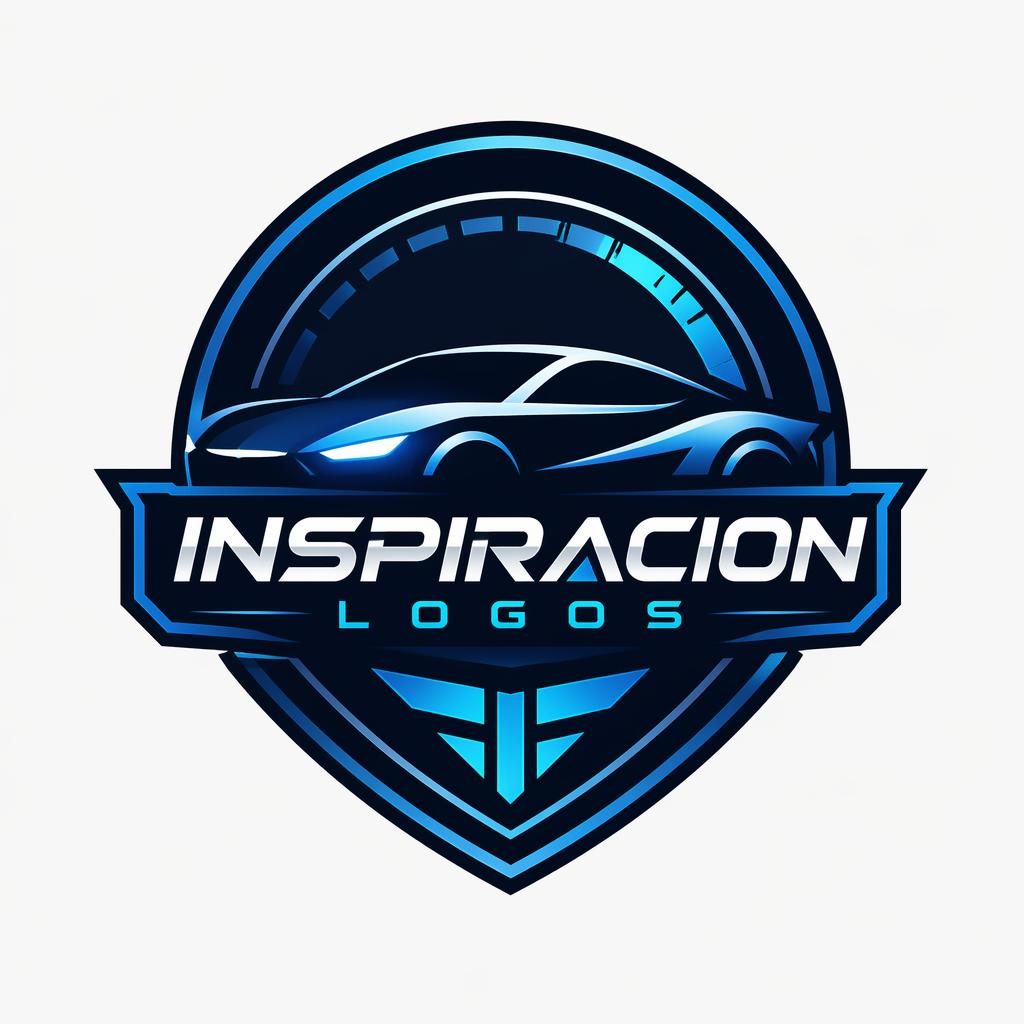 Concepto de logo emblema automotriz futurista en azul y cian, con tipografía moderna centrada sobre fondo neutro.