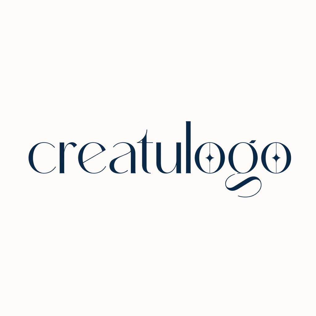 Logotipo tipográfico creatulogo en estilo art déco, azul marino y blanco, centrado sobre fondo neutro.