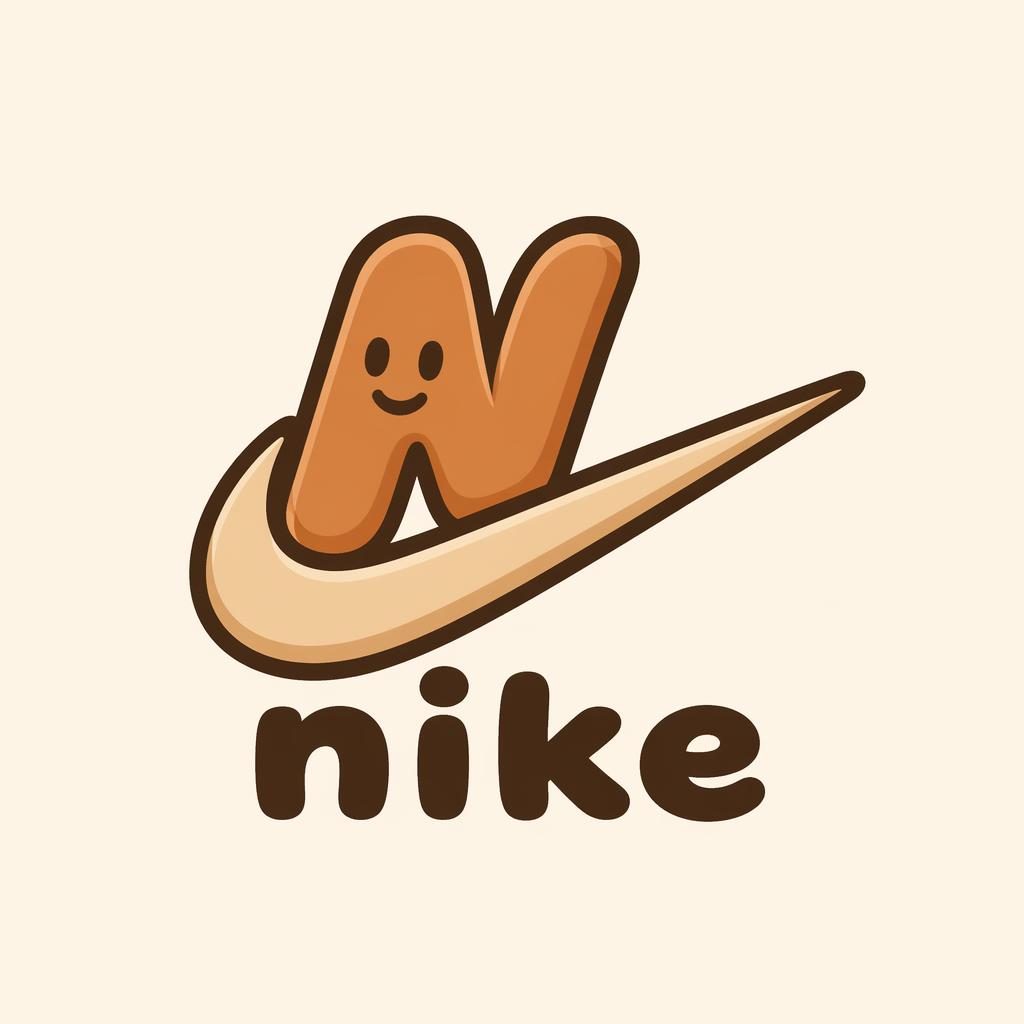 Centered vector logo concept with a playful monogram inspired by nike swoosh logo, warm earth tones, neutral background.