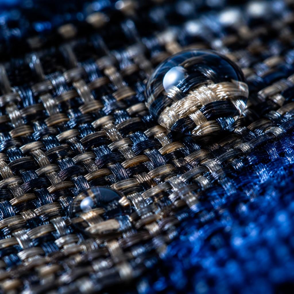 Macro close-up of water droplets resting on woven fabric threads with sharp texture and moody high-contrast lighting.