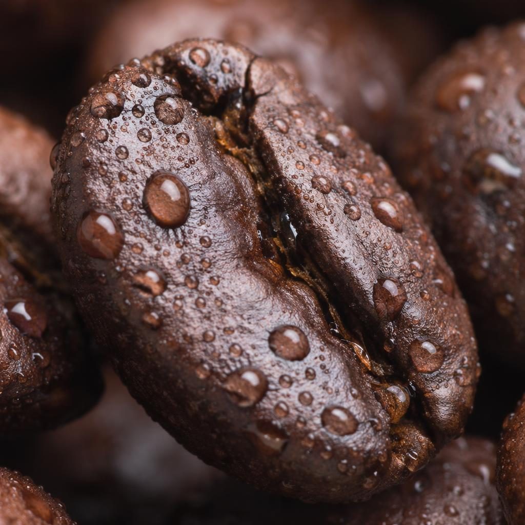 Macro close-up of coffee bean texture with round water droplets, ring light reflections, and soft pastel tones.
