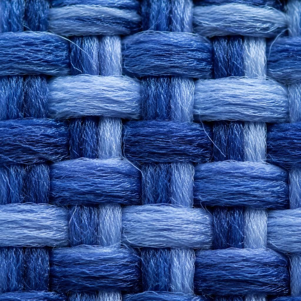 Macro close-up of blue fabric weave threads with sharp magnified texture and diffused lighting