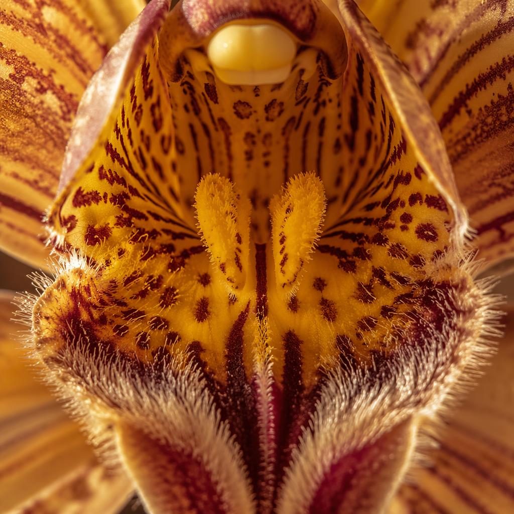 Macro close-up of an orchid throat in golden hour light, showing magnified feather-like texture in warm earth tones.
