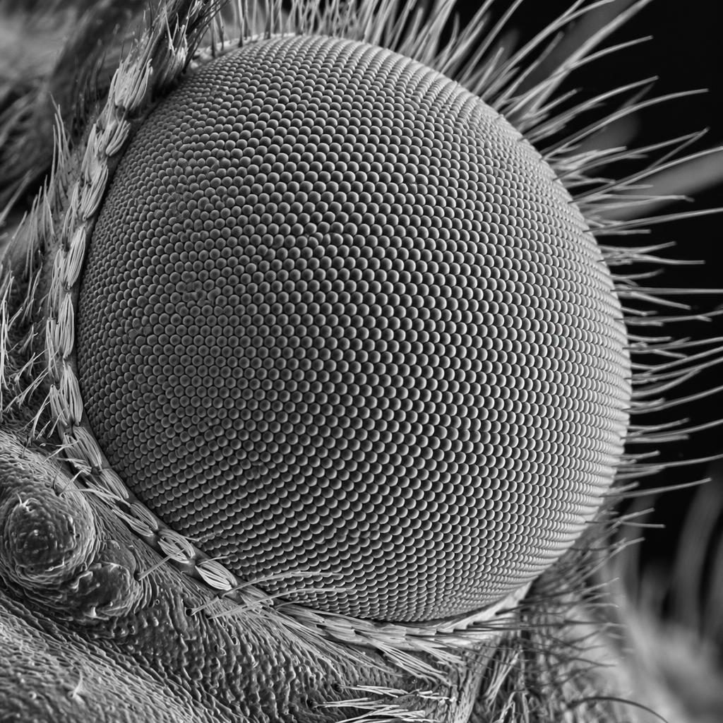 Detailní černobílá macro foto motýlího složeného oka s krystalickou strukturou a dramatickým bočním světlem