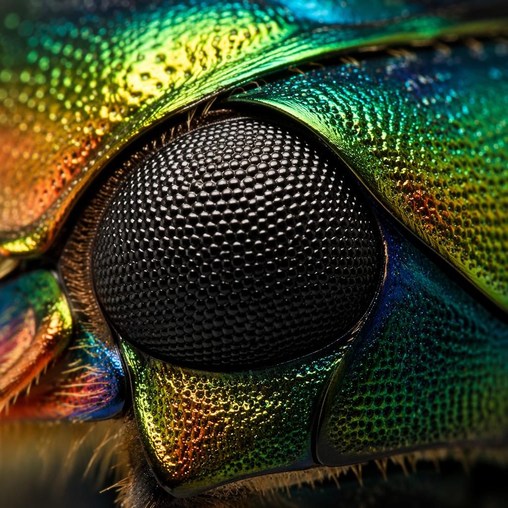 Macro close-up of an iridescent beetle shell with glossy eye-like texture, soft studio light, and creamy bokeh