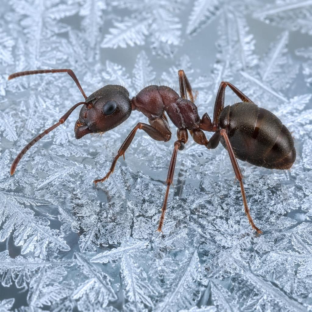 Macro close-up of an ant on a frost-covered window, lit by ring light with sharp focus and soft pastel tones.