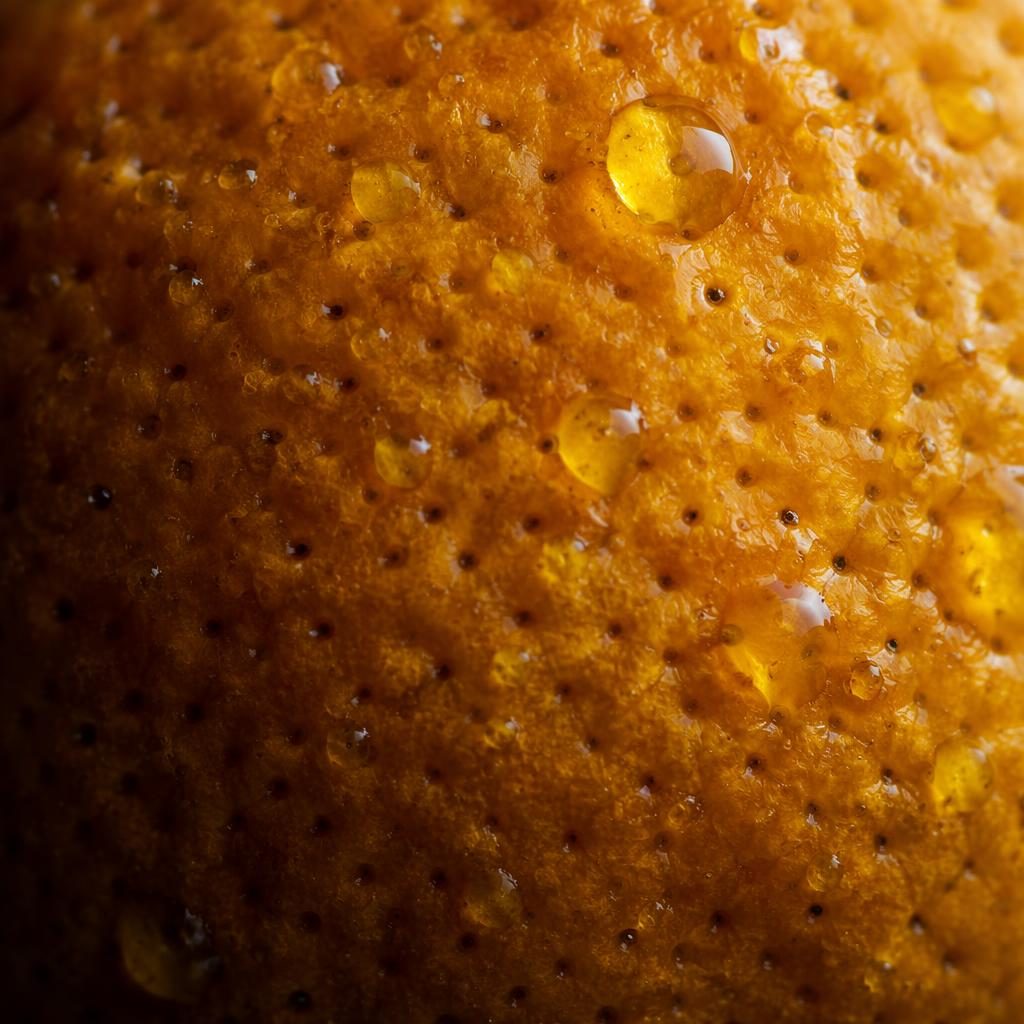 Macro close-up of fruit peel pores with tiny water droplets, moody high-contrast lighting and ultra-shallow depth of field.