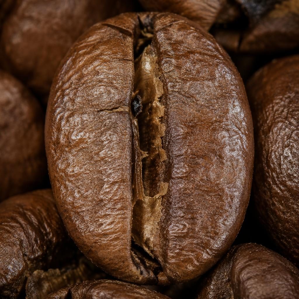 Macro close-up of coffee bean texture with crystal-like detail, ring light glow, soft pastel tones, and sharp focus.