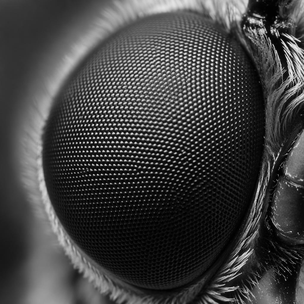 Makro-Nahaufnahme eines Schmetterlingsauges in Schwarzweiß mit dramatischem Seitenlicht und feiner Struktur