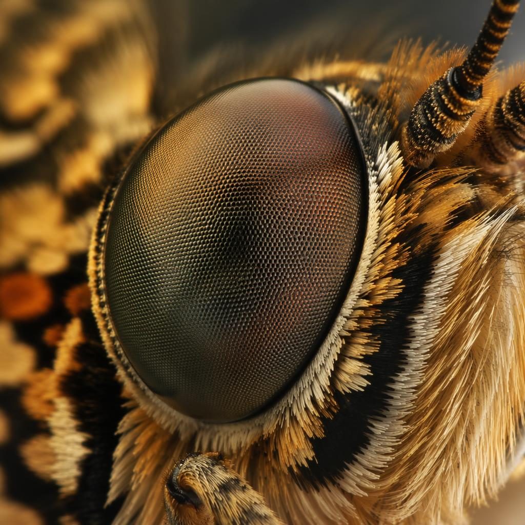Macro close-up of a butterfly compound eye in golden hour light with warm earth tones and sharply detailed texture.