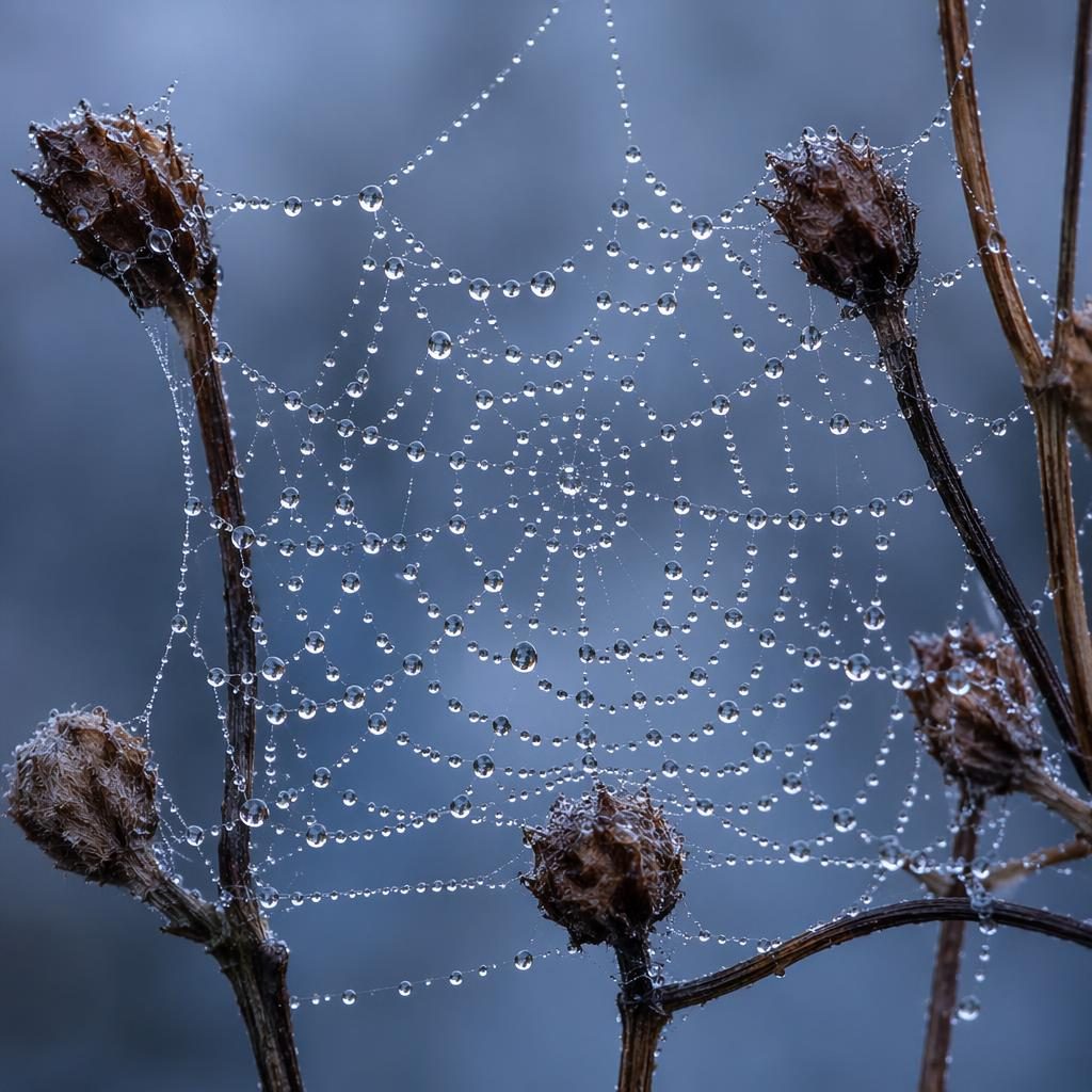 Primer plano macro de una telaraña al amanecer con gotas cristalinas, tonos azules fríos y detalle extremo.