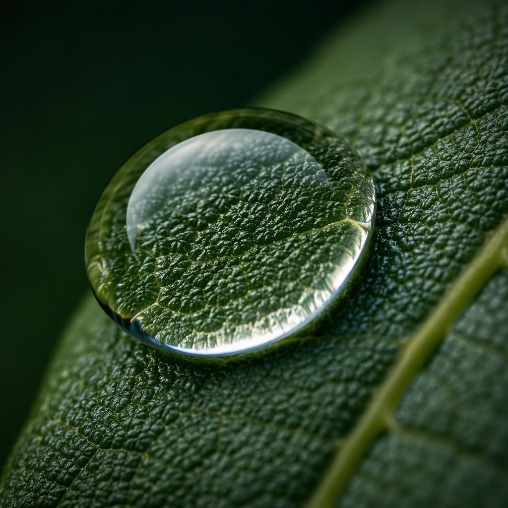 Macro close-up of a dew droplet resting on an icy leaf with soft studio light and dramatic shallow depth of field