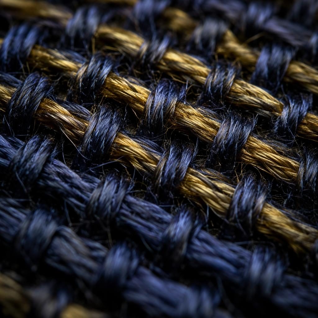 Gros plan macro de fils de tissage textile, texture nette, lumière contrastée et bokeh crémeux en arrière-plan.