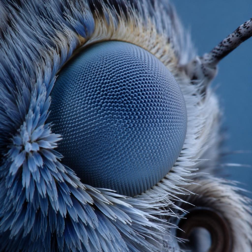 Makro-Nahaufnahme eines Schmetterlingsauges in kühler blauer Farbpalette mit extremer Detailtiefe und weichem Licht