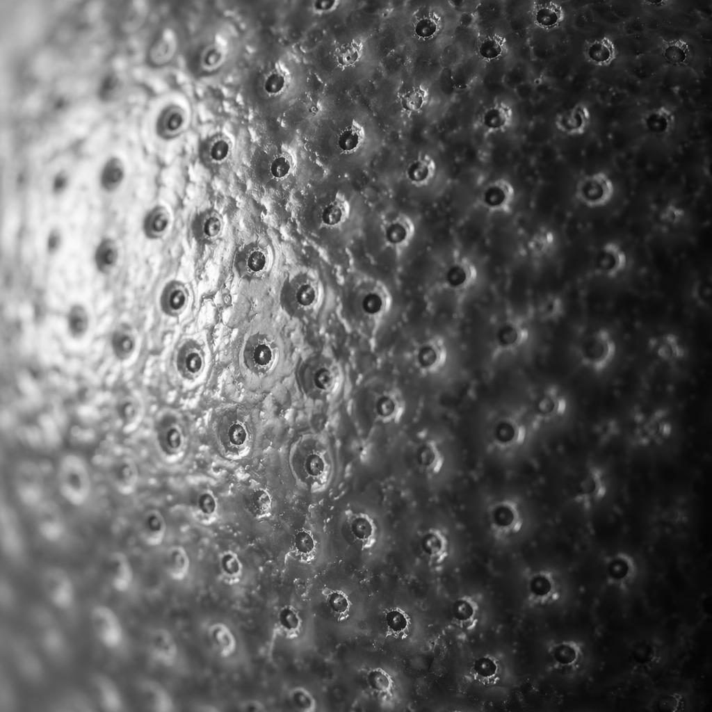Macro close-up of fruit peel pores in black and white with dramatic side light and creamy bokeh.
