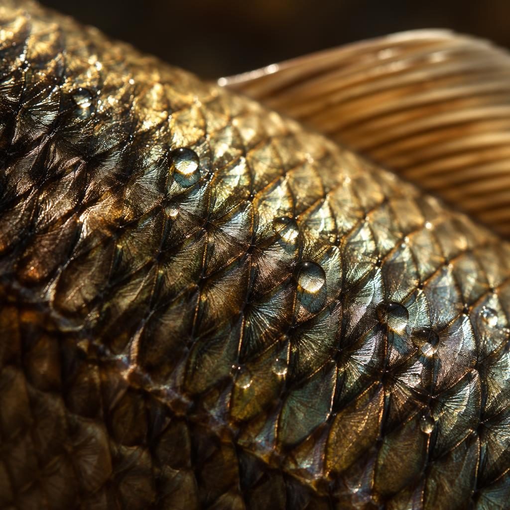 Macro close-up of fish scales with tiny water droplets, warm golden hour light, and ultra-shallow depth of field