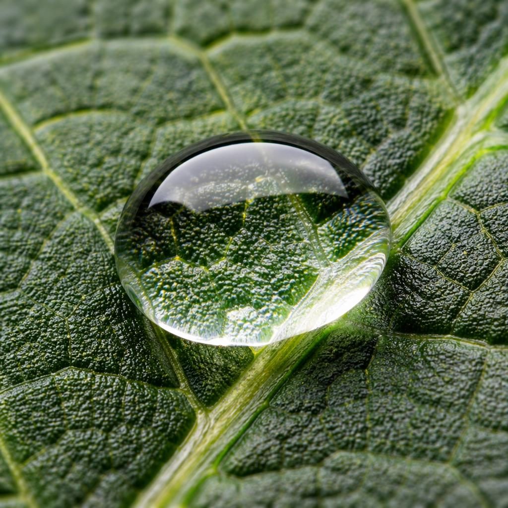 Macro close-up of a clear dew water droplet resting on a green leaf with sharp texture and soft studio lighting