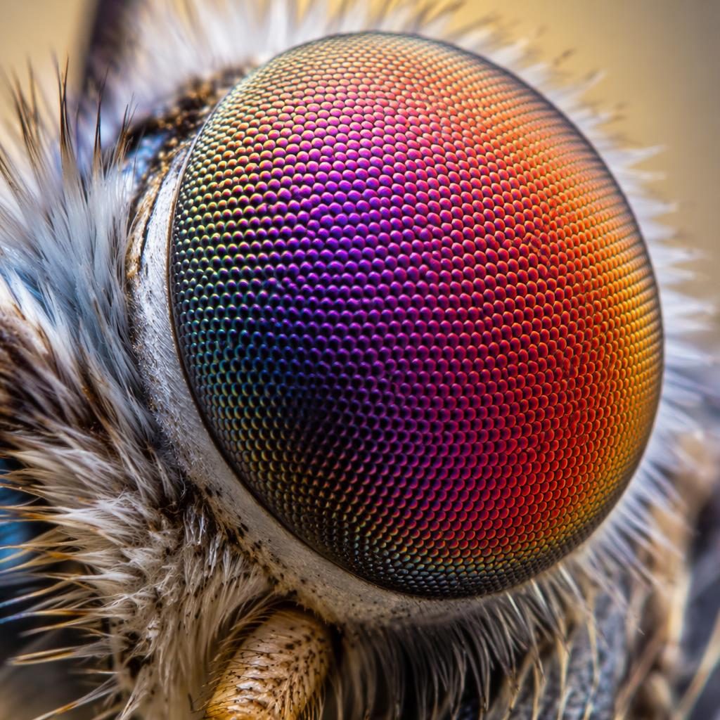 Macro close-up of a butterfly compound eye with iridescent rainbow detail and translucent backlighting