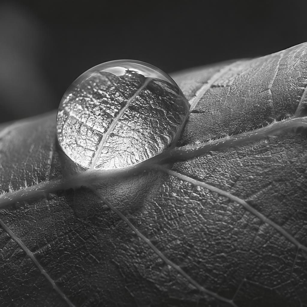 Macro close-up of a dew droplet resting on a leaf, side-lit in black and white with sharp magnified texture.