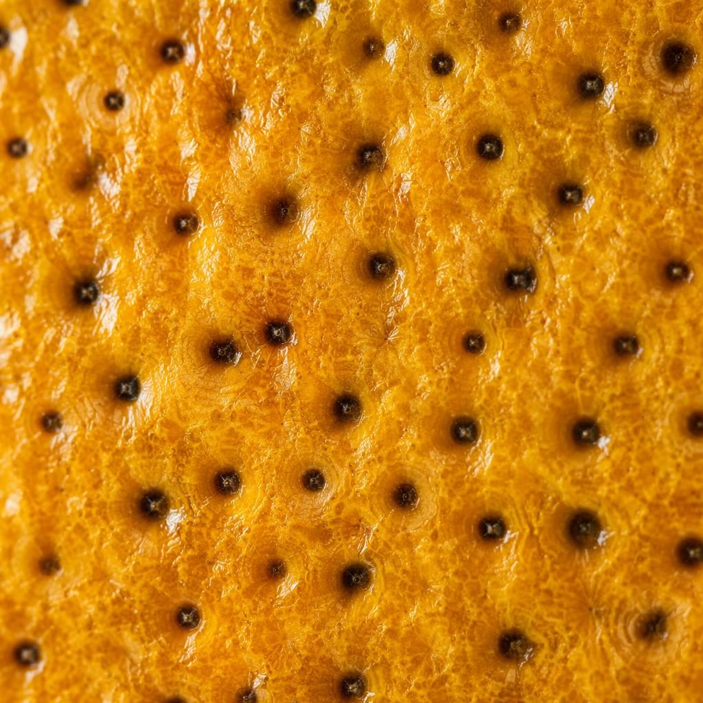 Macro close-up of a tiny insect on fruit peel pores, golden hour light, warm earth tones, extreme detail throughout