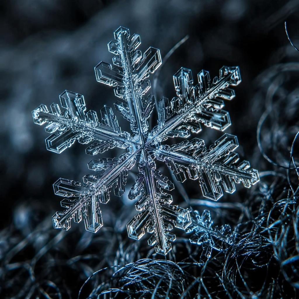 Makroaufnahme eines filigranen Schneeflocken-Kristalls mit hoher Detailtiefe, dunklem Licht und cremigem Bokeh