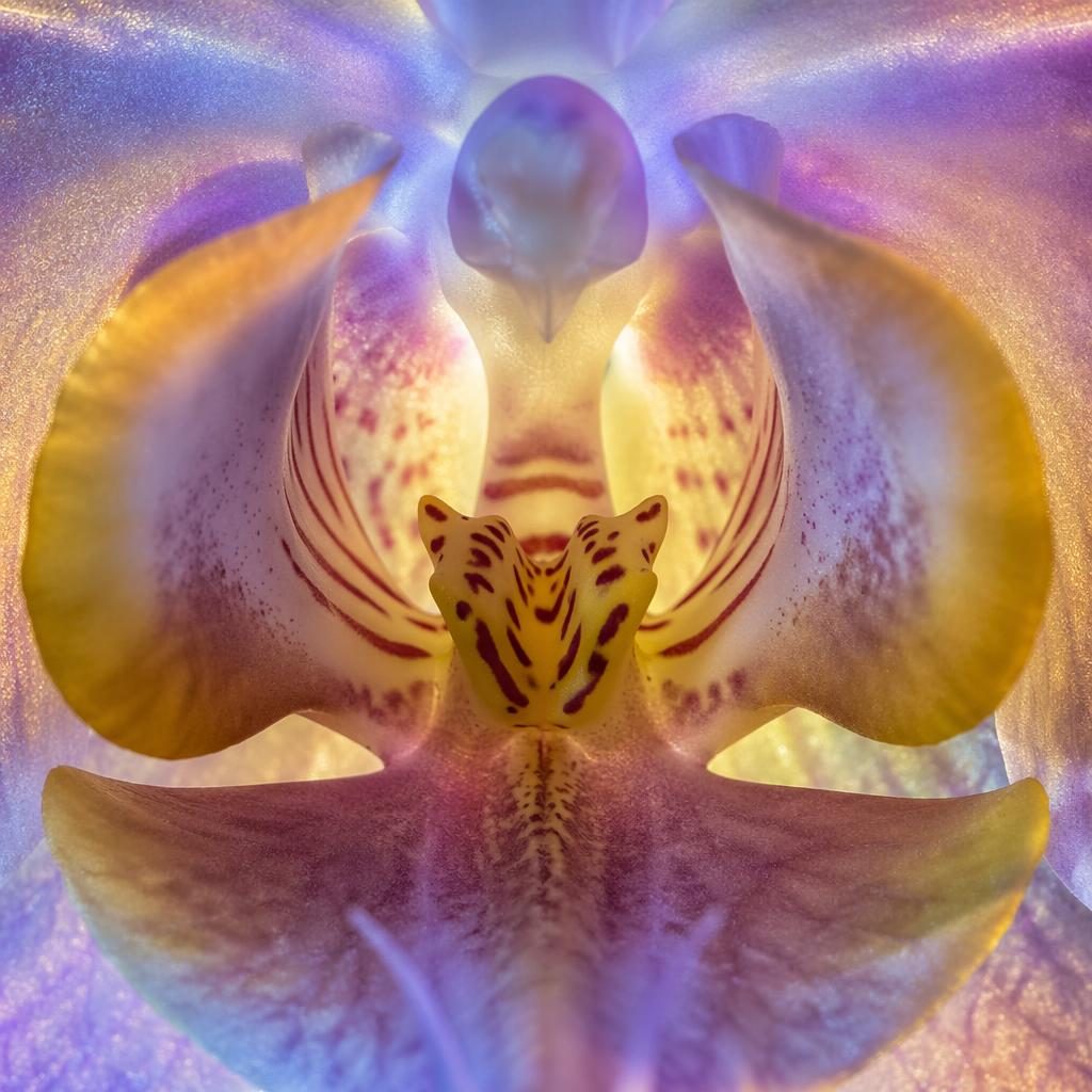 Macro close-up of an orchid throat with translucent backlighting, iridescent petals, and sharply detailed texture.