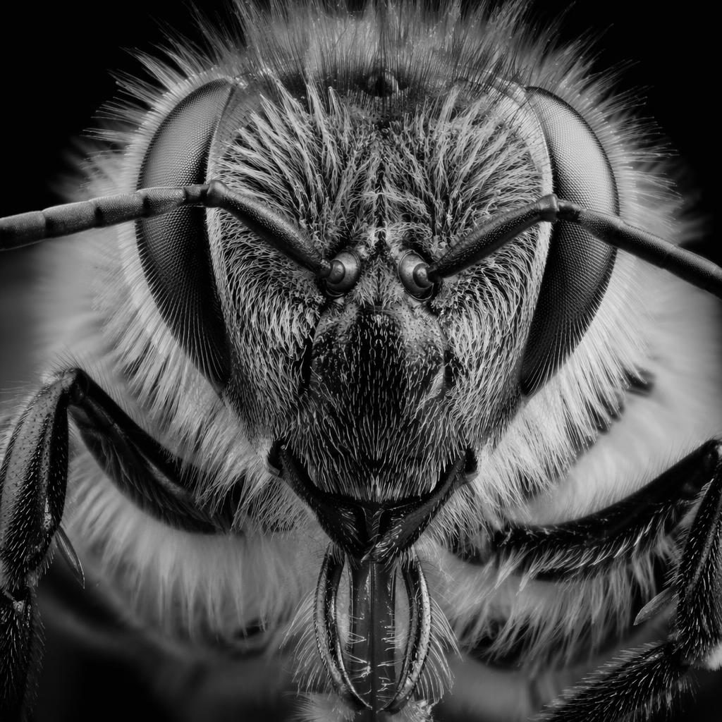 Photo macro en noir et blanc d’une abeille très près du visage, éclairage latéral dramatique et détails nets