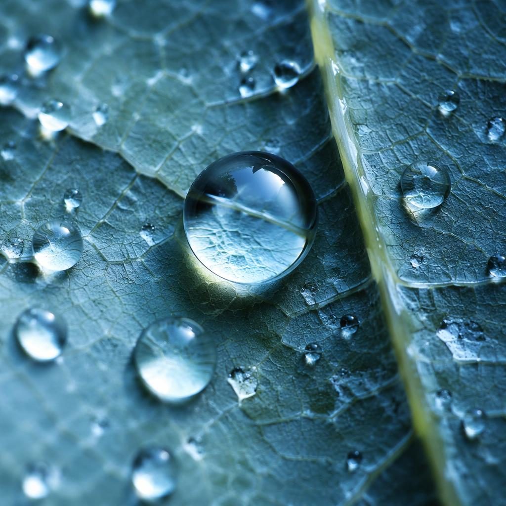Gota de rocío sobre una hoja en primerísimo plano, con textura detallada, luz difusa y tonos azules fríos