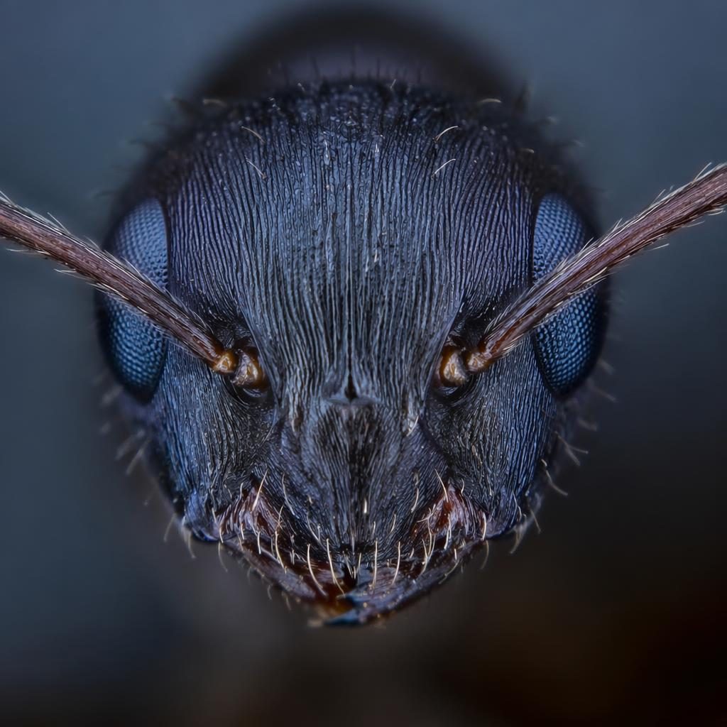 Primerísimo plano macro de una abeja cerca del rostro, con textura ampliada y fondo azul frío desenfocado.