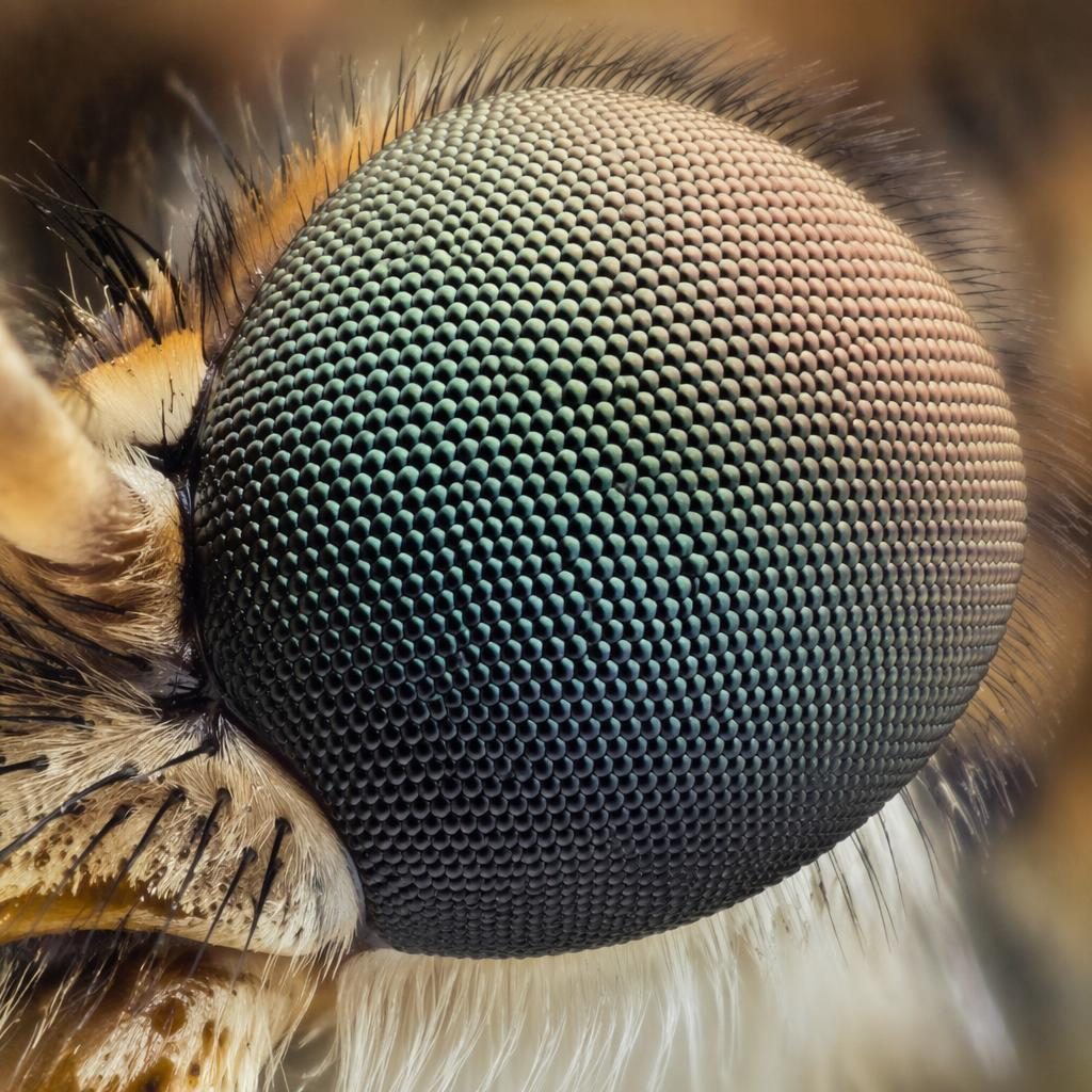 Macro close-up of a biologically accurate butterfly compound eye with snowflake-like ice crystals in soft studio light.