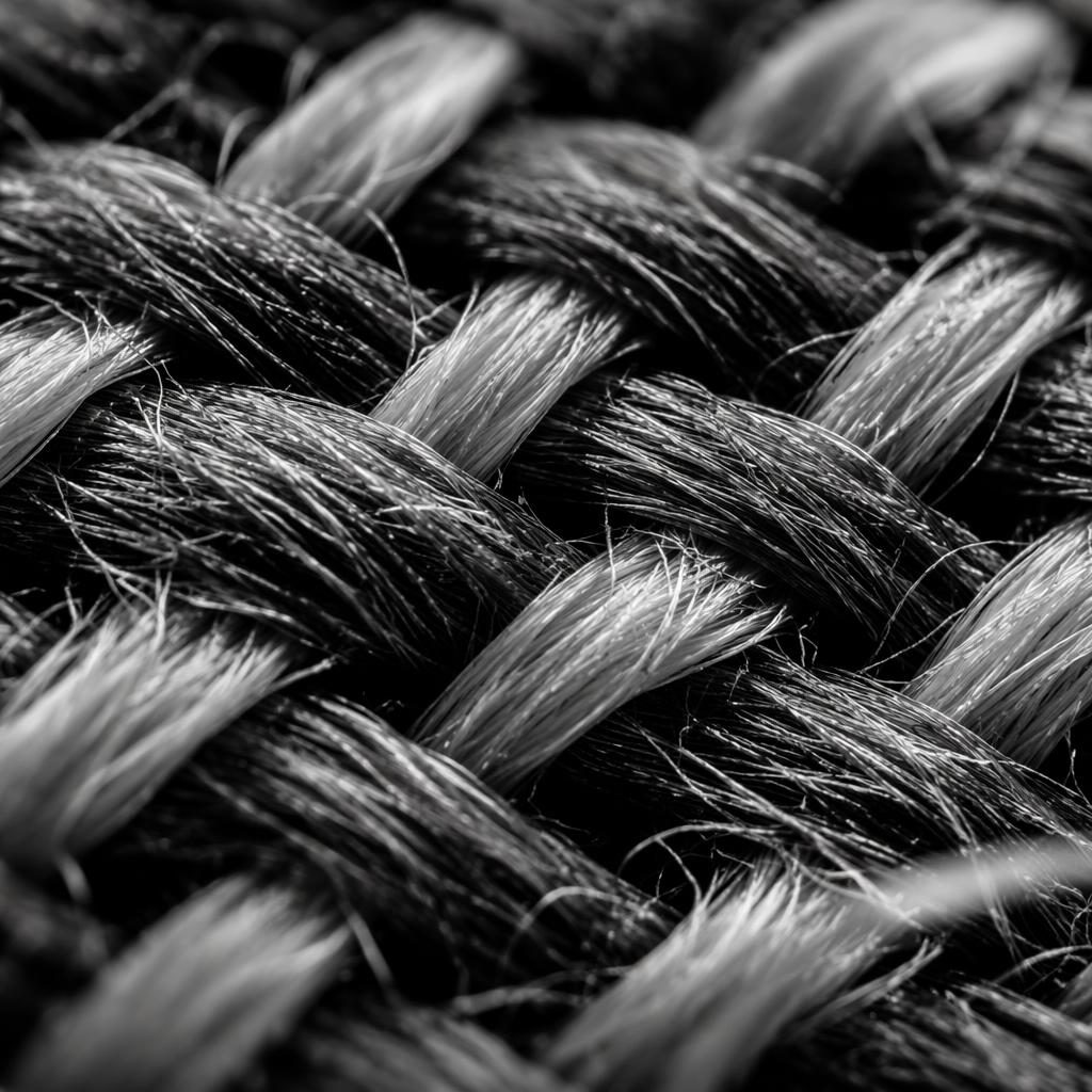 Gros plan macro de fils de tissage textile, éclairage latéral dramatique, noir et blanc, bokeh crémeux.