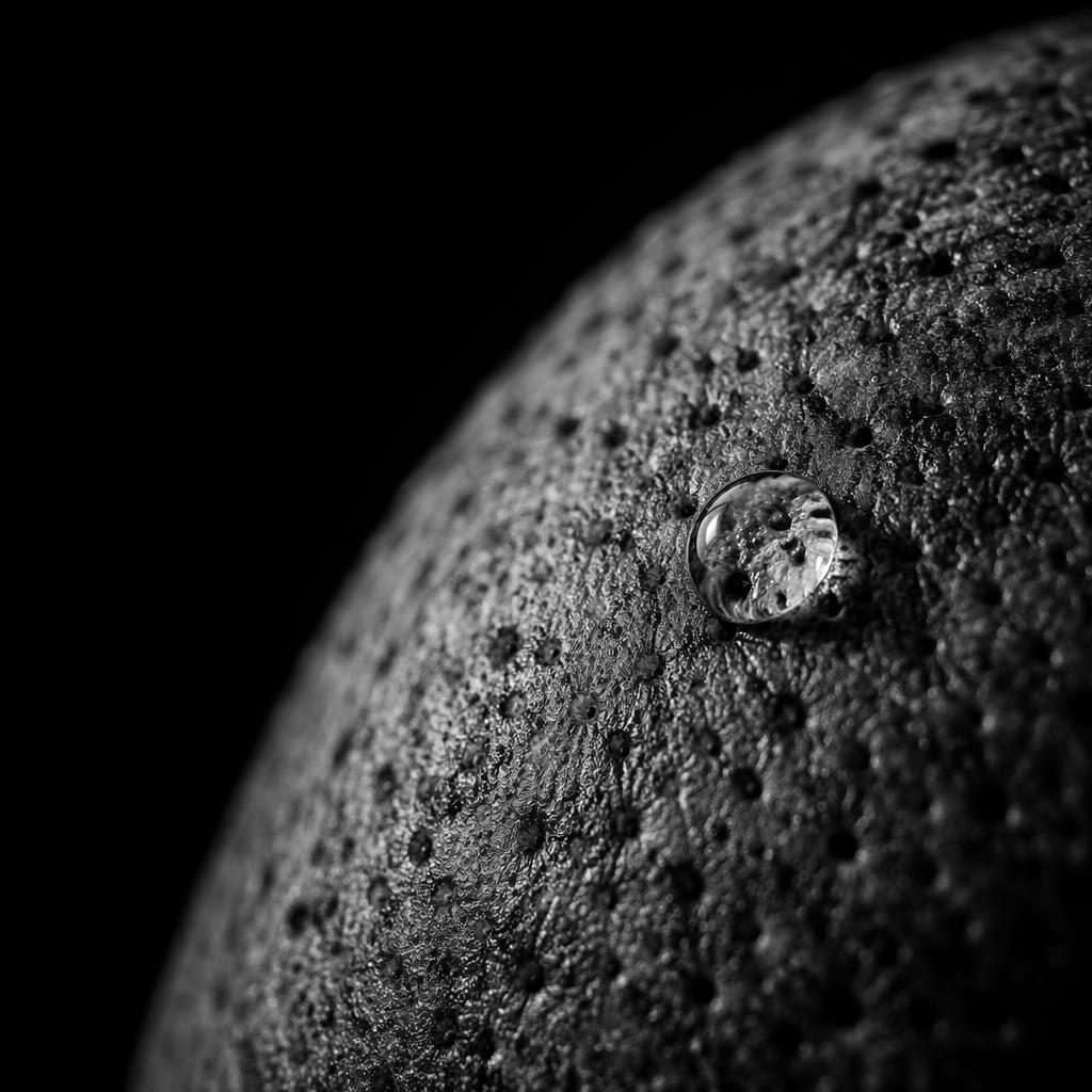 Macro close-up of fruit peel pores with water droplets, high-contrast black and white lighting and shallow depth of field.