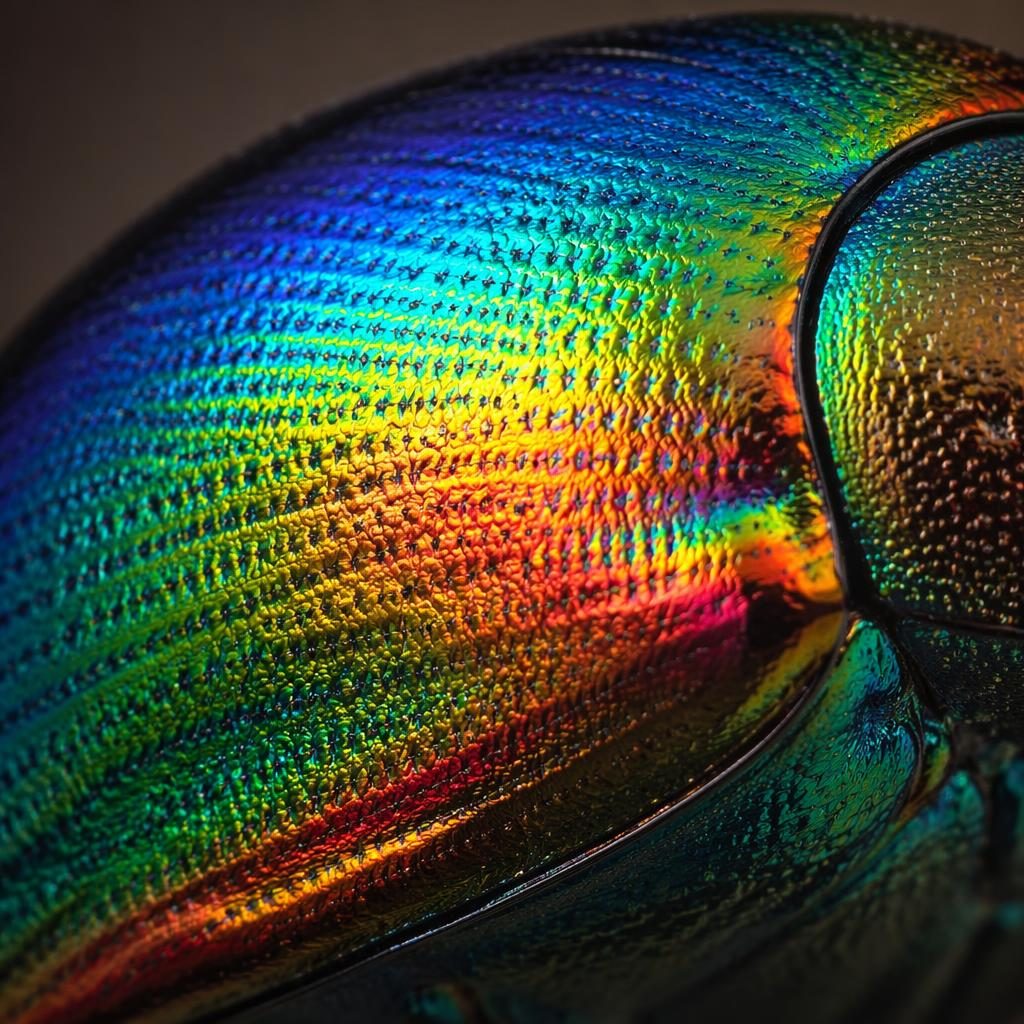 Extreme macro close-up of an iridescent beetle shell with rainbow tones, backlit translucence, and sharp focus-stacked detail.