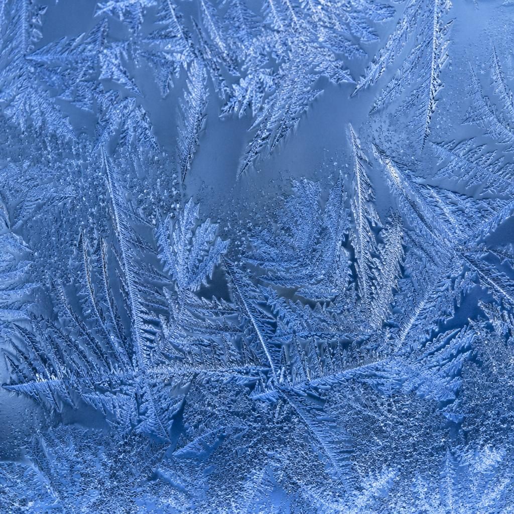Macro close-up of frost crystals on a window with cool blue tones, diffused light, and sharp textured detail.