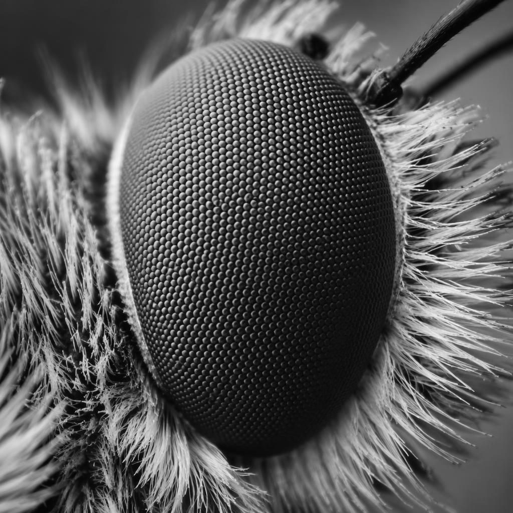 Black and white macro close-up of a butterfly compound eye with dramatic side light and sharp magnified texture