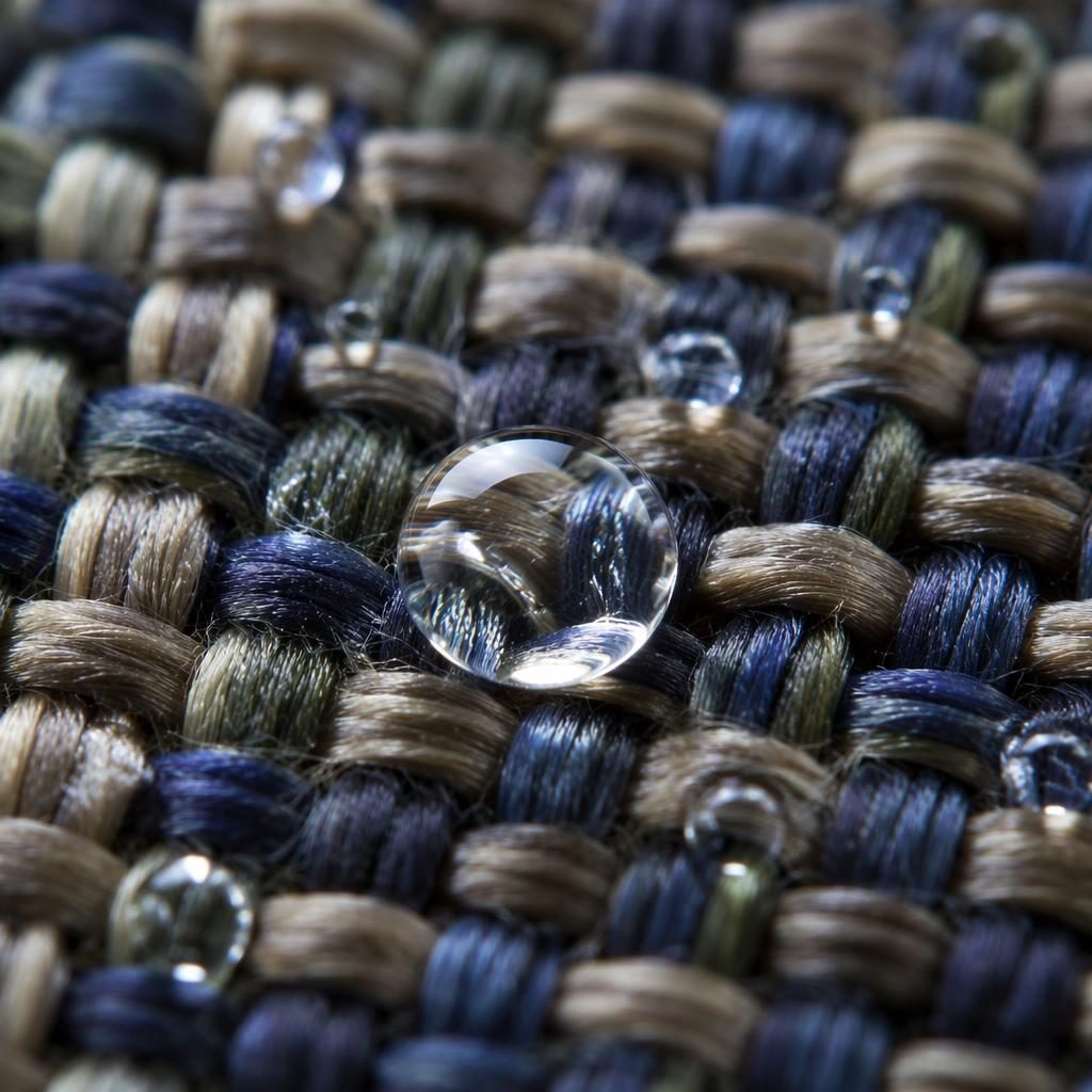 Macro close-up of water droplets resting on woven fabric threads under soft studio light with sharp textured detail.