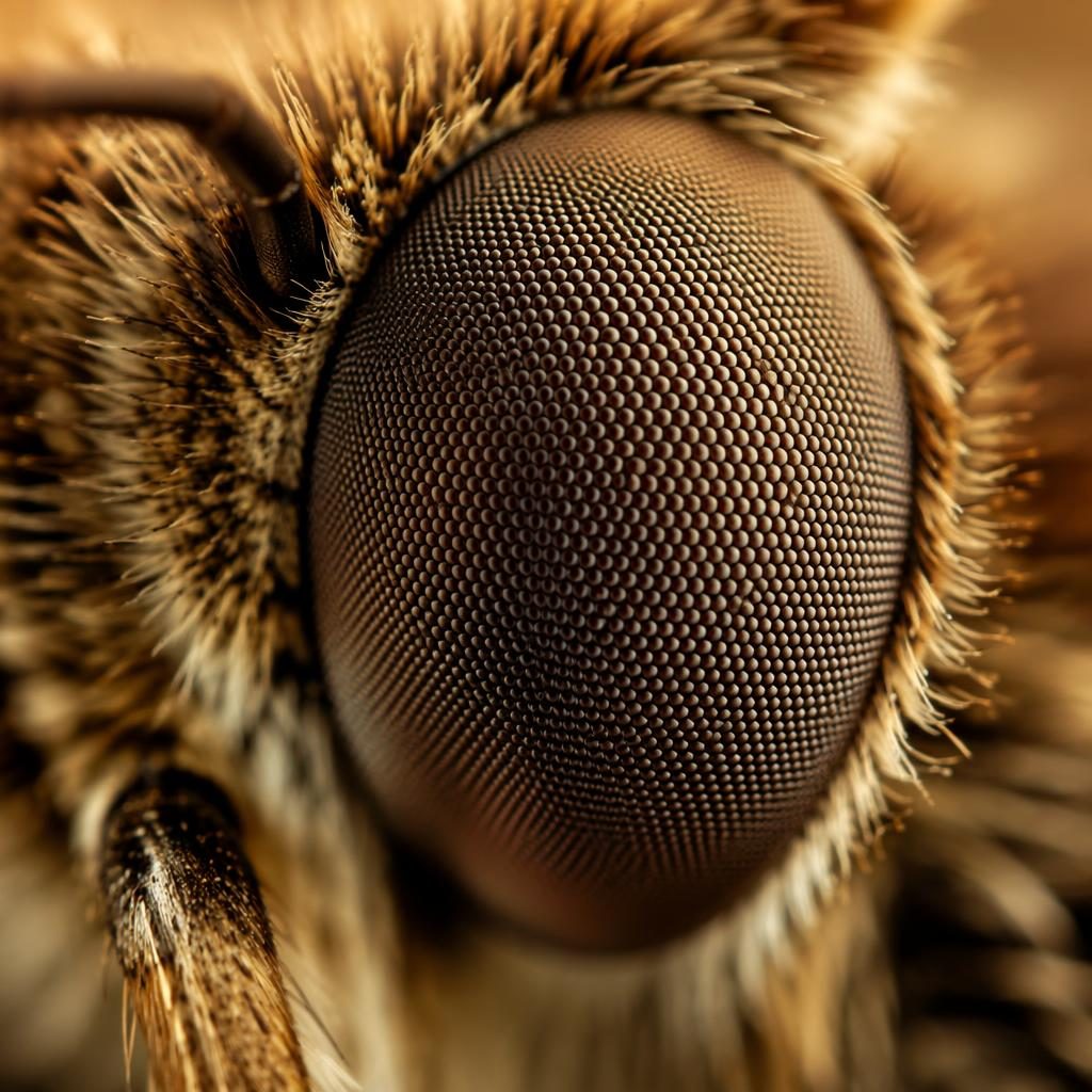 Macro close-up of a butterfly compound eye with tiny water droplets, warm golden light, and shallow depth of field.