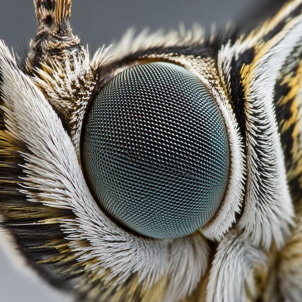 Macro close-up of a butterfly compound eye with snowflake-like ice crystals, soft studio light and vivid natural color