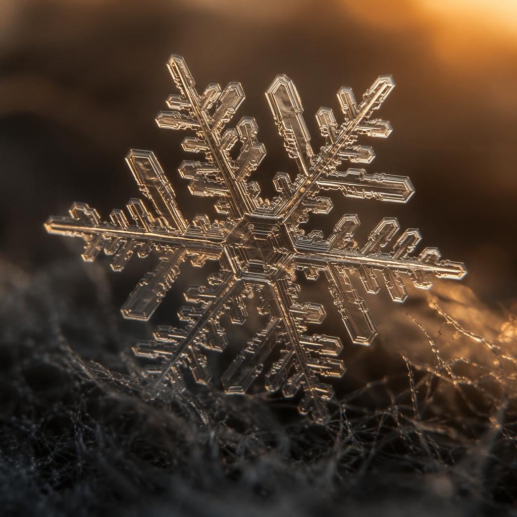Macro close-up of a single snowflake crystal with tiny water droplets in warm golden hour light and ultra-shallow focus