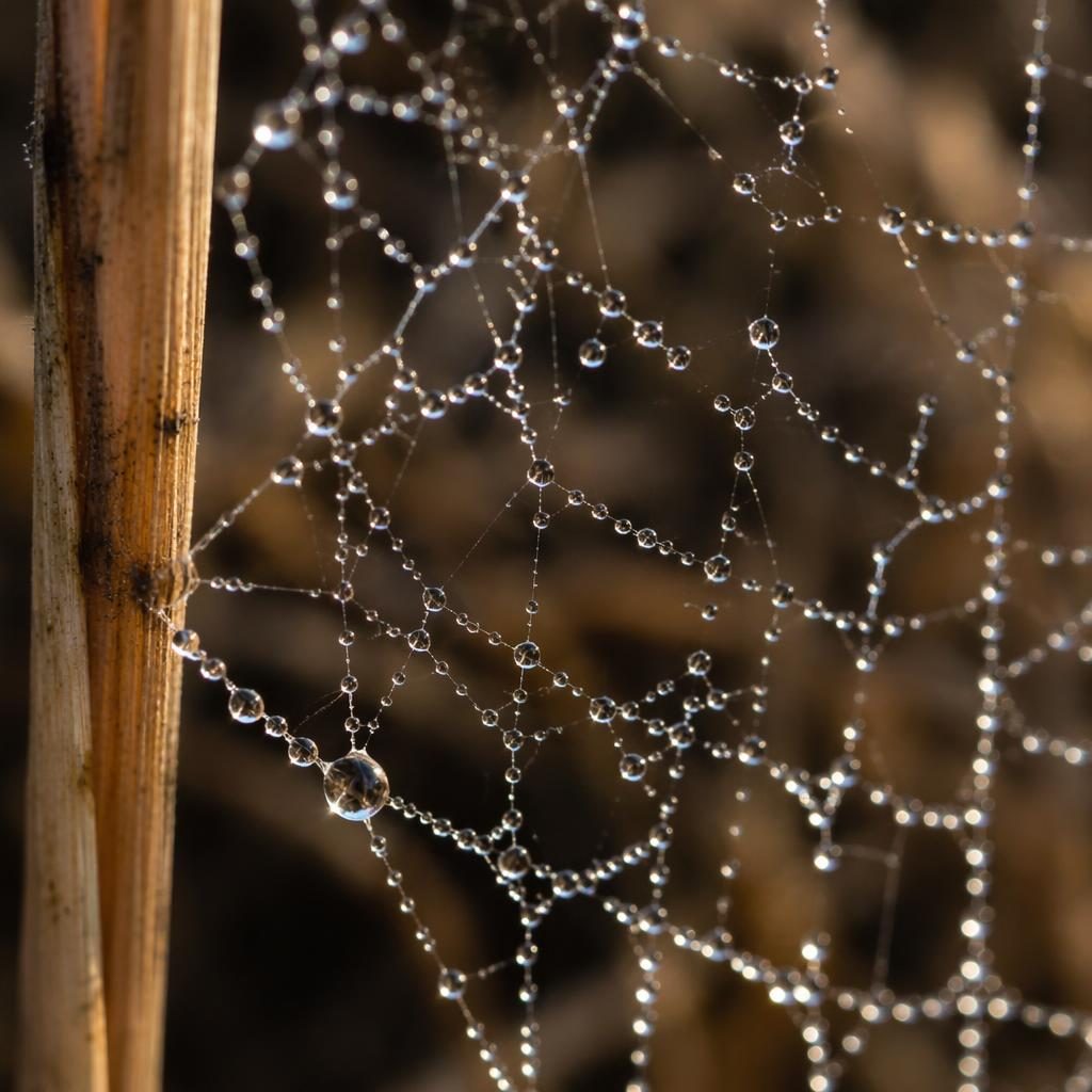 Macro close-up of a soft feather caught in a morning spider web, glowing in golden hour light with warm tones.