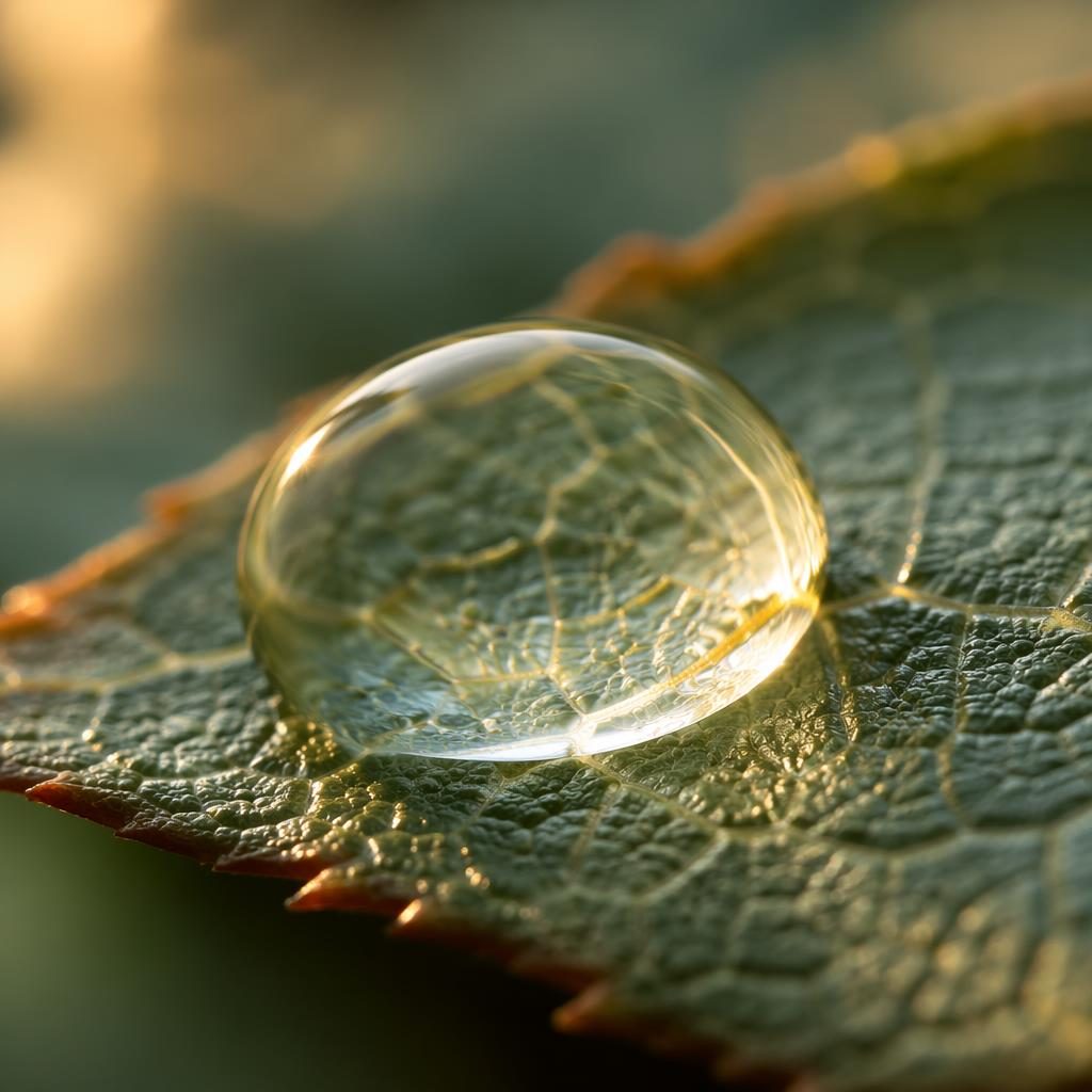 Macro close-up of a dew droplet on a leaf in golden hour light with sharp texture and warm natural tones.